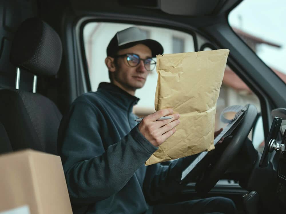 Delivery driver checking paperwork inside work van